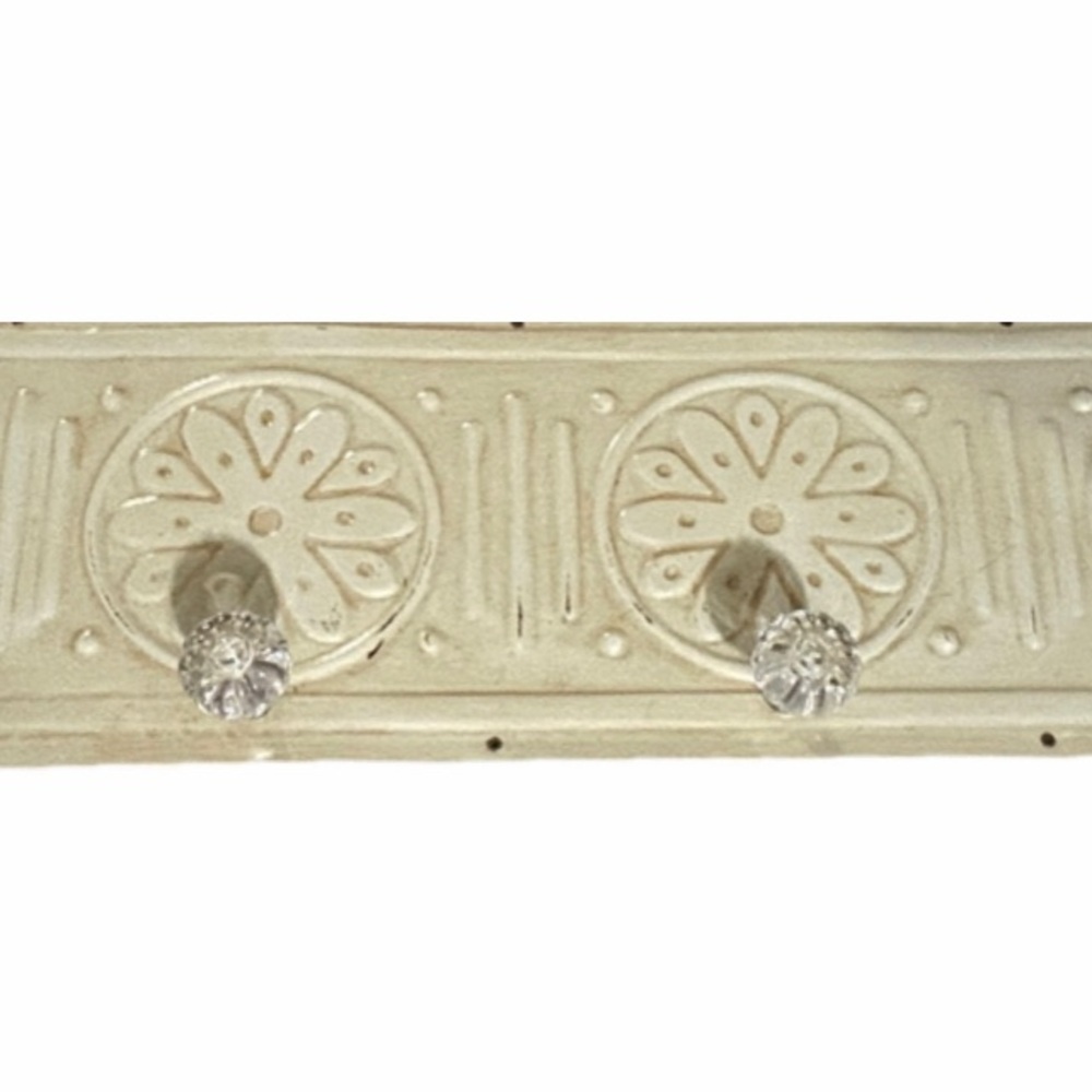 Vintage Style Embossed Antique White Metal Wall Rack Glass Knob Hangers. 24” - Picture 8 of 8